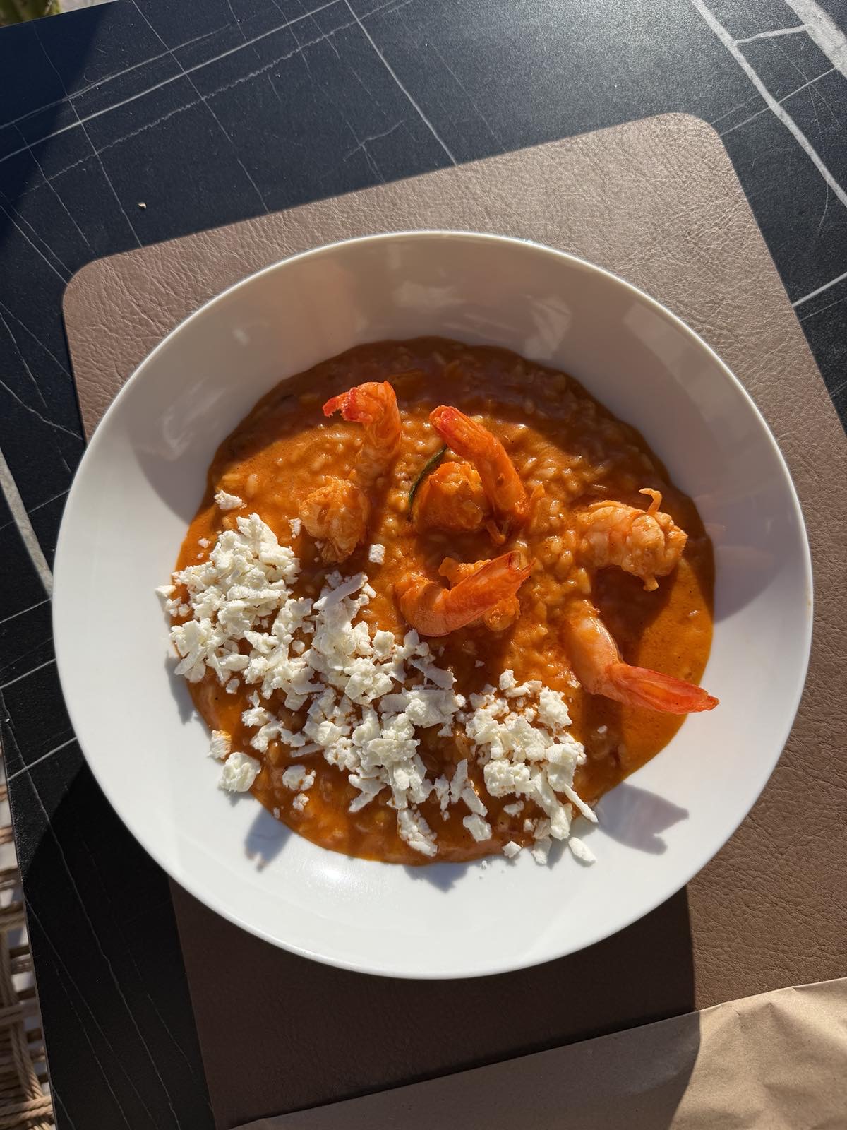 Shrimp risotto with feta crumbles at Tramonto Santorini